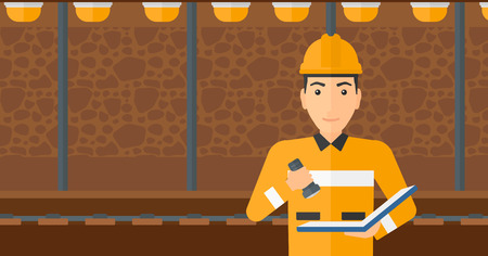 A man checking a paper plan with the flashlight on the background of mining tunnel with lights and rails vector flat design illustration. Horizontal layout.のイラスト素材