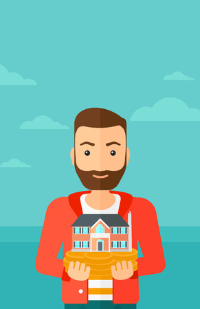 A hipster man with the beard holding model of house in hands on the background of blue sea and sky vector flat design illustration. Vertical layout.のイラスト素材