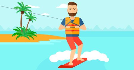A hipster man with the beard wakeboarding on the sea with a small island on a background vector flat design illustration. Horizontal layout.のイラスト素材