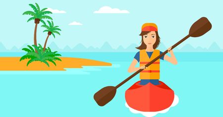 A woman riding in a canoe on the sea with a small island on a background vector flat design illustration. Horizontal layout.のイラスト素材