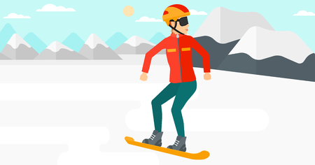 A woman snowboarding on the background of snow capped mountain vector flat design illustration. Horizontal layout.のイラスト素材