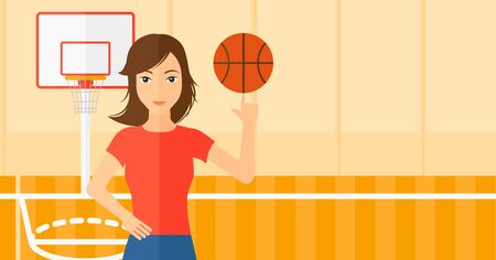 A woman spinning basketball ball on her finger on the background of basketball court vector flat design illustration. Horizontal layout.のイラスト素材