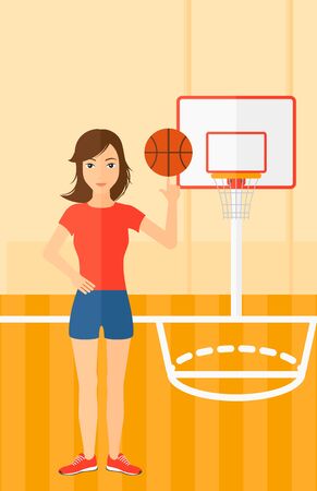 A woman spinning basketball ball on her finger on the background of basketball court vector flat design illustration. Vertical layout.のイラスト素材