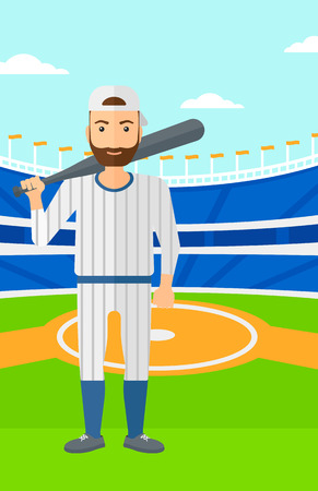 A man with a bat on the baseball stadium vector flat design illustration. Vertical layout.のイラスト素材