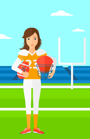A woman with ball and helmet on rugby stadium vector flat design illustration. Vertical layout.のイラスト素材