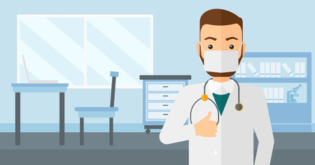 A doctor in mask showing thumb up on the background of medical office vector flat design illustration. Horizontal layout.のイラスト素材