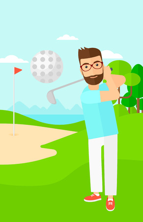 A hipster man with the beard hitting the ball on golf field vector flat design illustration. Vertical layout.のイラスト素材