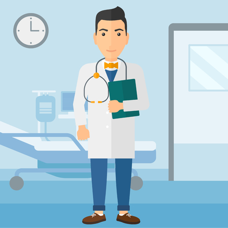 A happy doctor with stethoscope and a file  on the background of hospital ward vector flat design illustration. Square layout.のイラスト素材