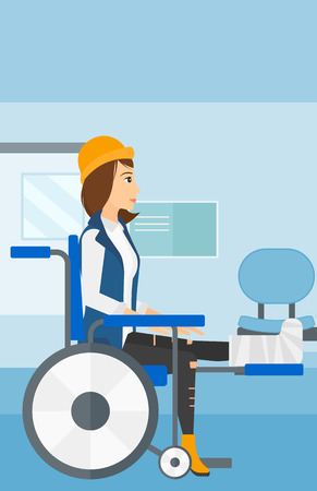 A woman with broken leg sitting in wheelchair on a background of hospital corridor vector flat design illustration. Vertical layout.のイラスト素材