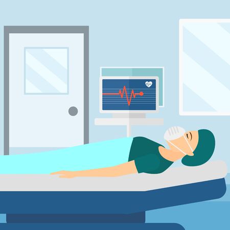 A woman in oxygen mask lying in hospital ward with heart rate monitor vector flat design illustration. Square layout.のイラスト素材
