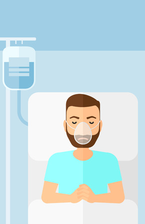 A hipster man with the beard lying in hospital bed with oxygen mask while blood transfusion is running vector flat design illustration. Vertical layout.のイラスト素材