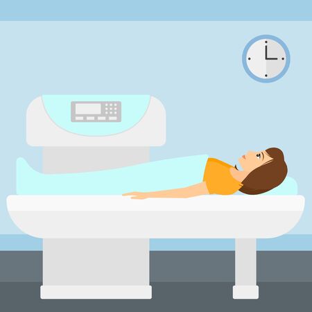 A woman undergoes an open magnetic resonance imaging scan procedure in hospital vector flat design illustration. Square layout.のイラスト素材