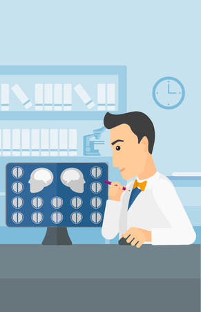 A doctor looking at results of MRI scan on a computer screen on the background of medical office vector flat design illustration. Vertical layout.のイラスト素材