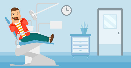 A frightened hipster man with the beard sitting in chair in dental office vector flat design illustration. Horizontal layout.のイラスト素材