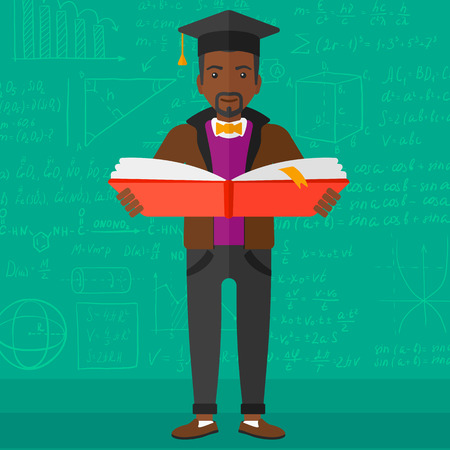 An african-american man in graduation cap with an open book in hands on a background of green blackboard with mathematical equations vector flat design illustration. Square layout.のイラスト素材