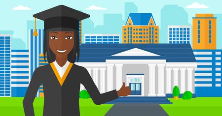 An african-american woman in cloak and hat showing thumb up sign on the background of educational building vector flat design illustration. Horizontal layout.のイラスト素材