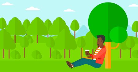 An african-american man with cup of coffee studying in park using a laptop vector flat design illustration. Horizontal layout.のイラスト素材