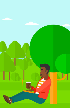 An african-american man with cup of coffee studying in park using a laptop vector flat design illustration. Vertical layout.のイラスト素材