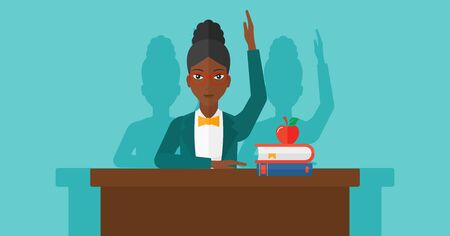 An african-american woman raising her hand while sitting at the table on a blue backgrond vector flat design illustration. Horizontal layout.のイラスト素材