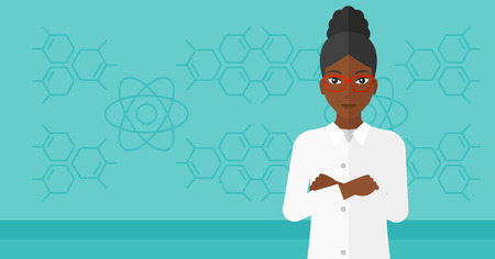 An african-american laboratory assistant on a blue background with molecular structure vector flat design illustration. Horizontal layout.のイラスト素材