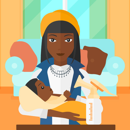 An african-american woman holding a newborn baby and a breast pump standing on the table in front of her on the background of living room vector flat design illustration. Square layout.のイラスト素材