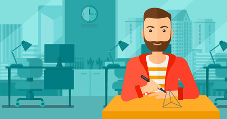 A hipster man with the beard making a model with a 3D pen on the background of panoramic modern office with city view vector flat design illustration. Horizontal layout.のイラスト素材