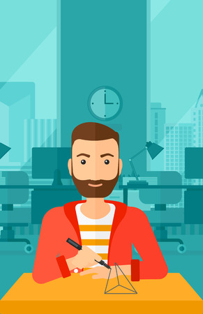 A hipster man with the beard making a model with a 3D pen on the background of panoramic modern office with city view vector flat design illustration. Vertical layout.のイラスト素材