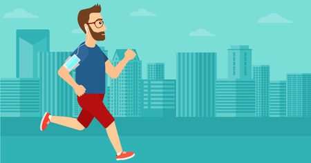 A hipster man with the beard training with earphones and a smart phone armband on a city background vector flat design illustration. Horizontal layout.のイラスト素材