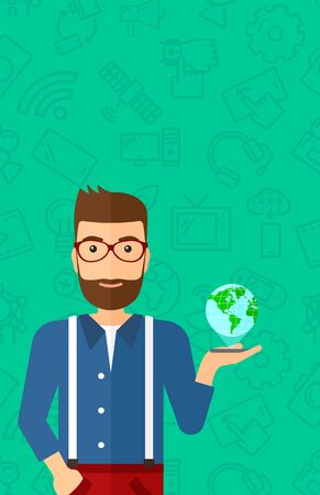 A hipster man with the beard standing with a smartphone in a hand and a model of globe above the device on a green background with technology icons vector flat design illustration. Vertical layout.のイラスト素材
