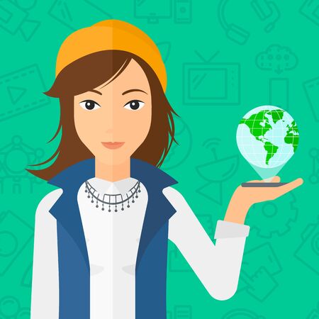 A woman standing with a smartphone in a hand and a model of globe above the device on a green background with technology icons vector flat design illustration. Square layout.のイラスト素材
