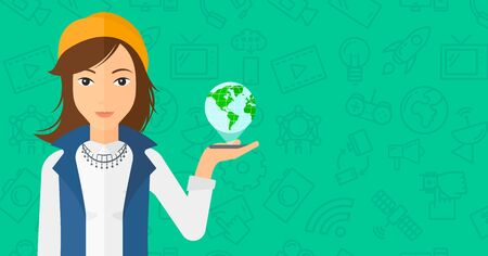 A woman standing with a smartphone in a hand and a model of globe above the device on a green background with technology icons vector flat design illustration. Horizontal layout.のイラスト素材