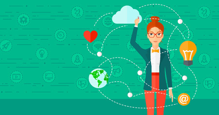A woman writing on virtual board on a green background with technology icons vector flat design illustration. Horizontal layout.のイラスト素材