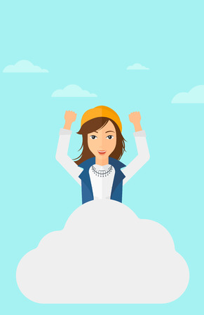 A woman with raised hands sitting on a cloud on the background of blue sky vector flat design illustration. Vertical layout.のイラスト素材