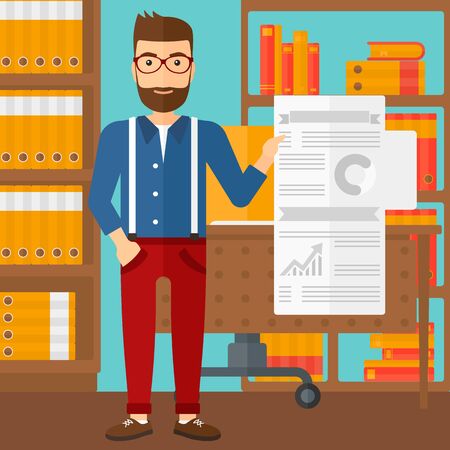 A hipster man with the beard showing his complete paperwork with some text and charts on the background of business office vector flat design illustration. Square layout.のイラスト素材