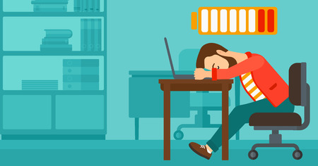 A hipster man with the beard sleeping at workplace on laptop keyboard and low power battery sign over his head on the background of business office vector flat design illustration. Horizontal layout.のイラスト素材
