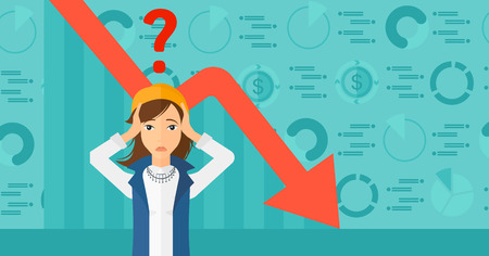 A woman clutching her head and a big question mark above on the background of business graph going down vector flat design illustration. Horizontal layout.のイラスト素材