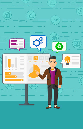 A man presenting his report through infographics on a board on a blue background with business icons vector flat design illustration. Vertical layout.のイラスト素材