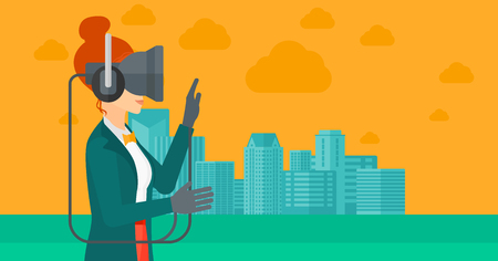 A woman wearing a virtual relaity headset on a city background vector flat design illustration. Horizontal layout.のイラスト素材