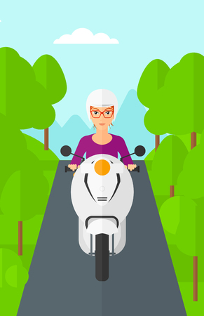 A woman riding a scooter on the asphalt road on the background of forest vector flat design illustration. Vertical layout.のイラスト素材