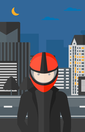 A man in biker helmet on the background of night city vector flat design illustration. Vertical layout.のイラスト素材