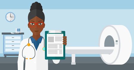 An african-american doctor holding medical notepad on the background of hospital room with MRI machine vector flat design illustration. Horizontal layout.のイラスト素材
