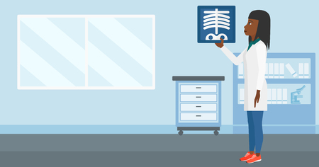 An african-american doctor examining a radiograph on the background of medical office vector flat design illustration. Horizontal layout.のイラスト素材