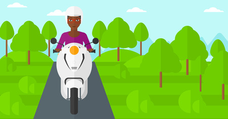 An african-american woman riding a scooter on the asphalt road on the background of forest vector flat design illustration. Horizontal layout.のイラスト素材