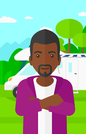 An african-american man standing on the background of motorhome in the forest vector flat design illustration. Vertical layout.のイラスト素材