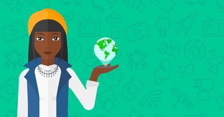 An african-american woman standing with a smartphone in a hand and a model of globe above the device on a green background with technology icons vector flat design illustration. Horizontal layout.のイラスト素材