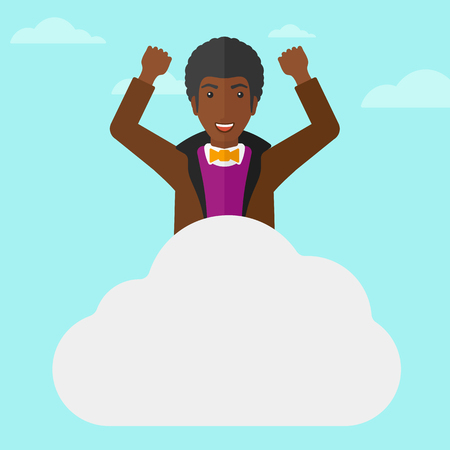 An african-american man with raised hands sitting on a cloud on the background of blue sky vector flat design illustration. Square layout.のイラスト素材