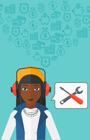 An african-american operator of technical support with headphone set and speech square on a blue background with business icons vector flat design illustration. Vertical layout.のイラスト素材