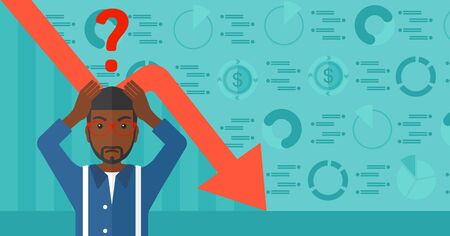 An african-american man clutching his head and a big question mark above on the background of business graph going down vector flat design illustration. Horizontal layout.のイラスト素材