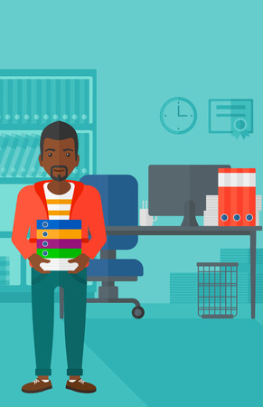 An african-american man standing with pile of folders on the background of business office vector flat design illustration. Vertical layout.のイラスト素材