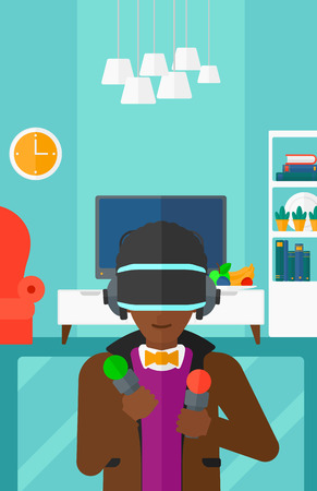 An african-american man wearing a virtual relaity headset on the background of modern  living room vector flat design illustration. Vertical layout.のイラスト素材